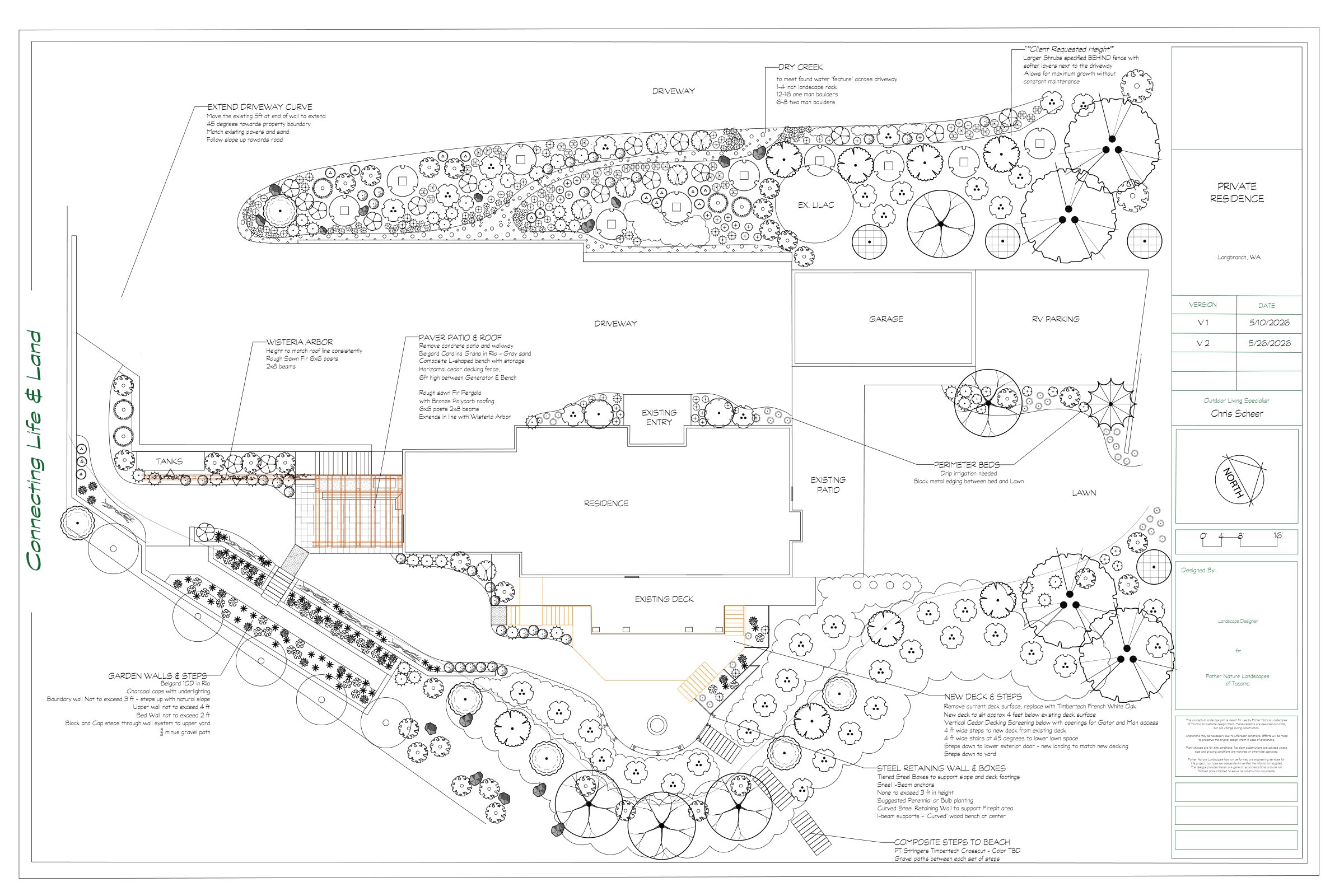 Site plan for a Longbranch, WA waterfront backyard — driveway, dry creek bed, steel garden walls, wisteria arbor, and a new deck stepping toward the beach