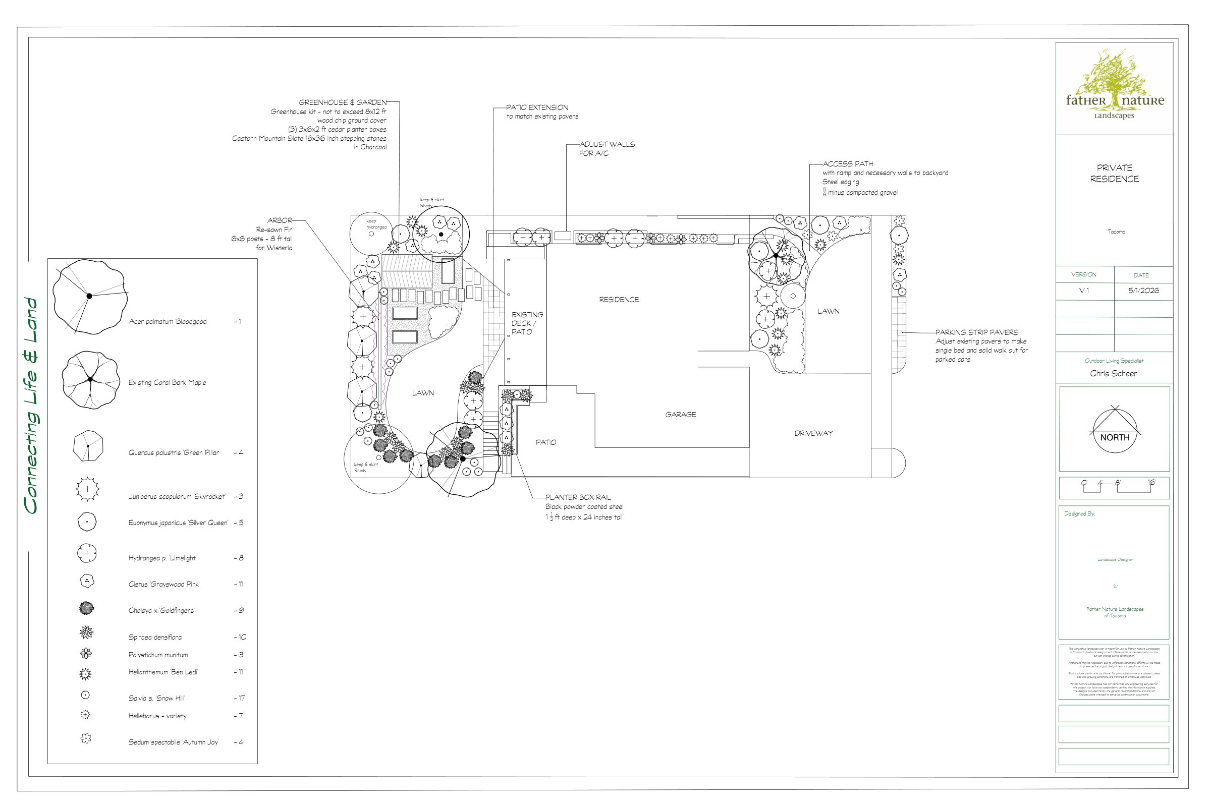 Landscape plan for a Tacoma, WA backyard — greenhouse and raised cedar garden beds, a wisteria arbor, access path, and a full plant schedule
