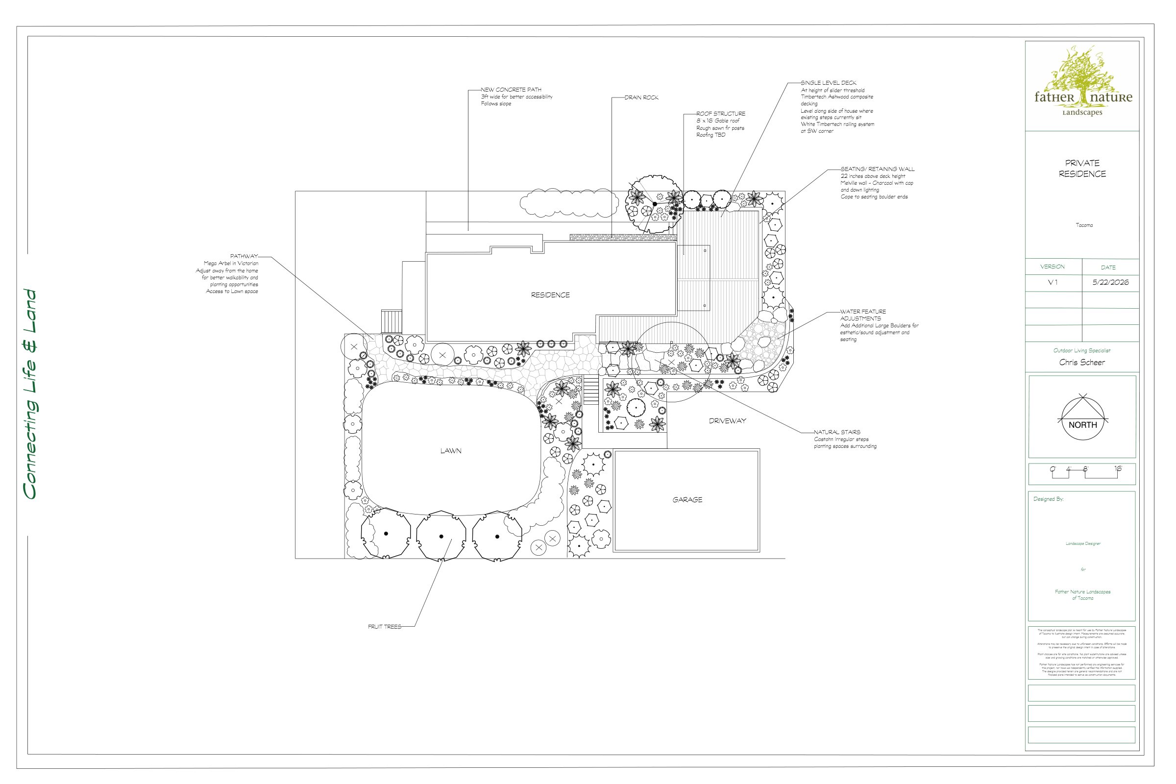 Landscape plan for a Tacoma, WA backyard — single-level composite deck, seating and retaining wall, gable roof structure, and a boulder water feature