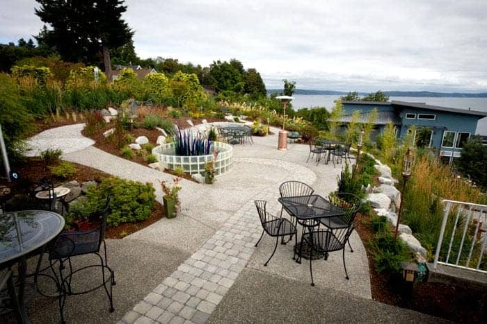 Waterview backyard with hardscape and plantings, Tacoma