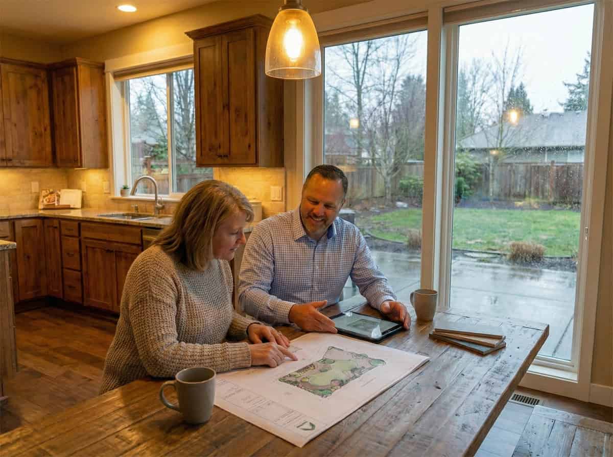 Chris Scheer reviewing a Father Nature Landscapes design plan with clients at their kitchen table