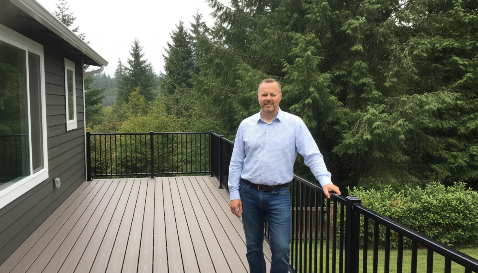 Chris Scheer standing on a newly finished composite deck with aluminum railing at a Tacoma home