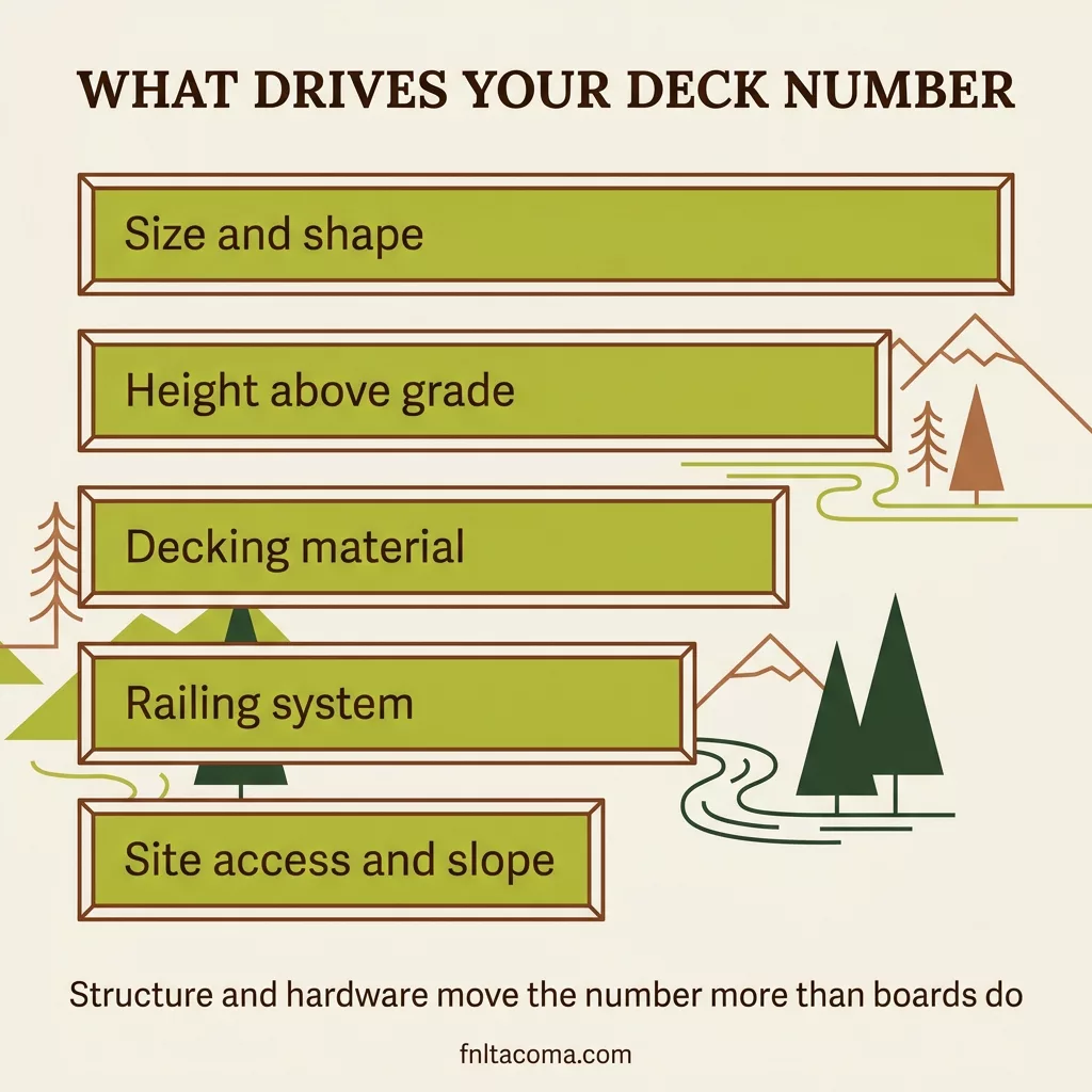 Ranked list of the five biggest deck cost drivers: size and shape, height above grade, decking material, railing system, and site access and slope