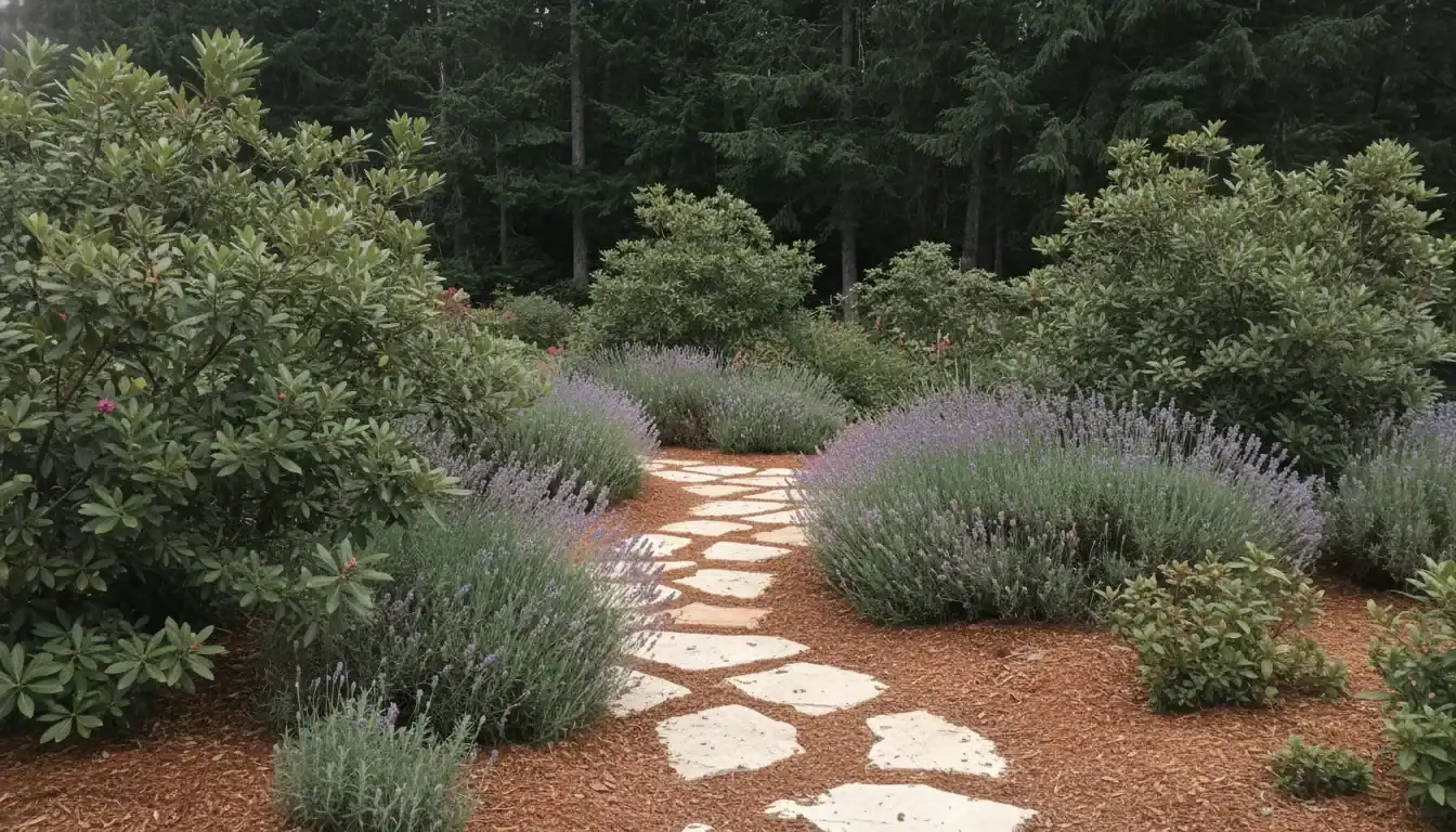 Drought-tolerant Pacific Northwest garden with Oregon grape and lavender in naturalistic beds, overcast natural light, Tacoma backyard