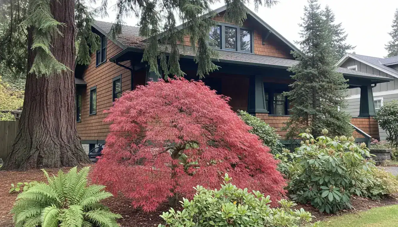 A finished Tacoma landscape featuring Western red cedar, Japanese maple, and Douglas fir framing a craftsman home