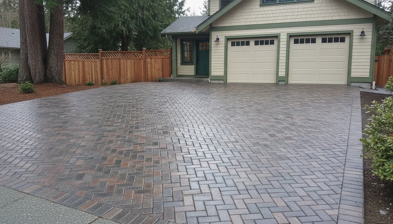 Finished herringbone paver driveway leading to the two-car garage of a craftsman home in Tacoma on an overcast day