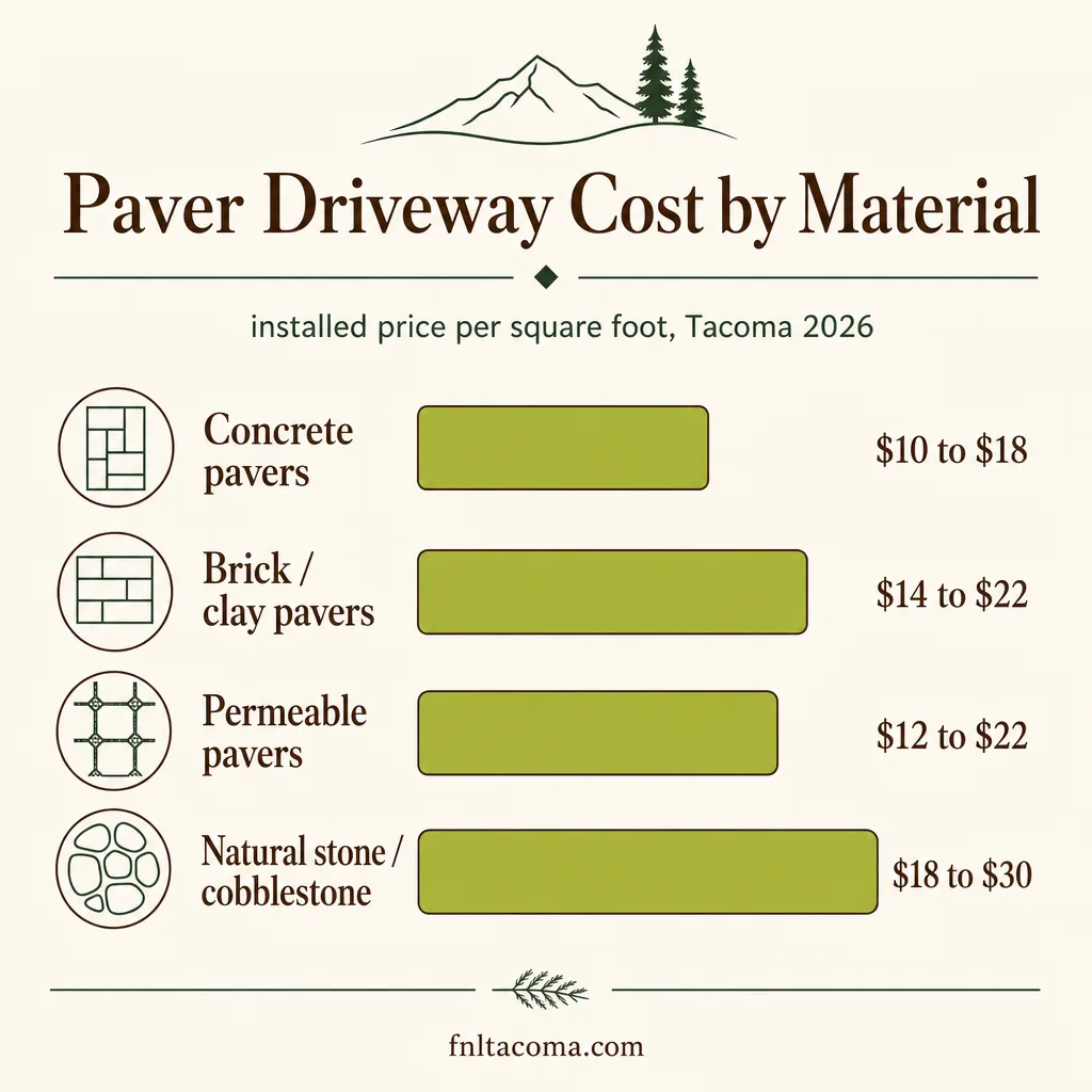 Bar chart comparing installed paver driveway cost per square foot by material: concrete, brick, permeable, and natural stone pavers in Tacoma