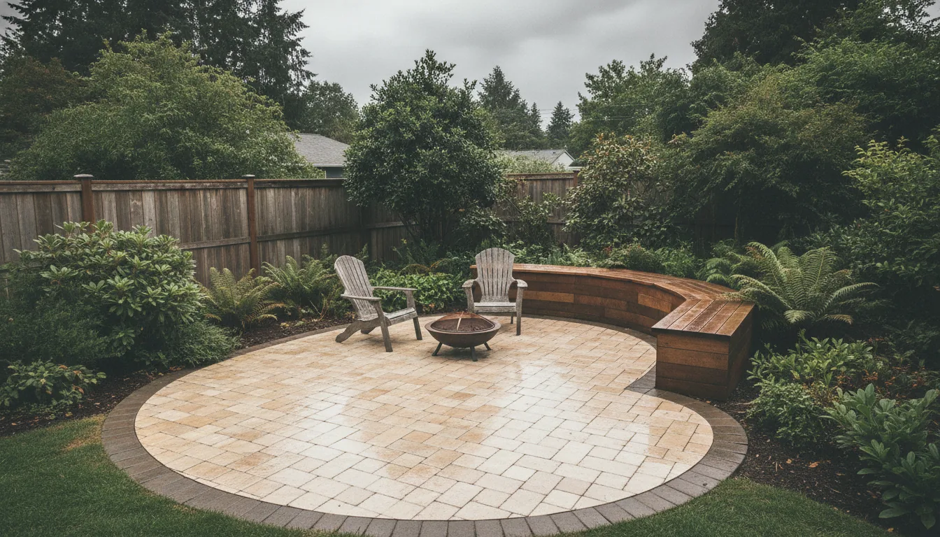 Finished circular paver patio with a cedar seat wall and fire pit in a Pacific Northwest backyard garden on an overcast day
