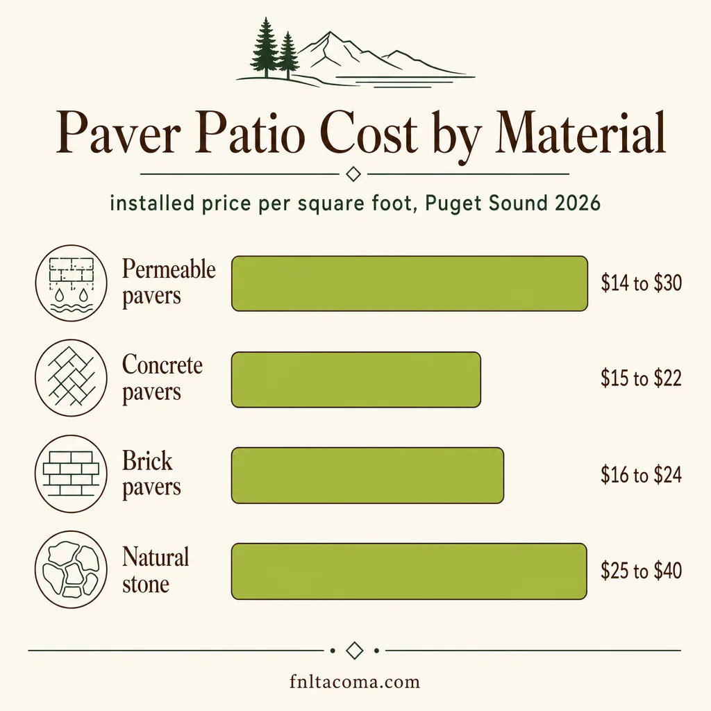 Bar chart comparing installed paver patio cost per square foot by material: permeable, concrete, brick, and natural stone pavers in the Puget Sound