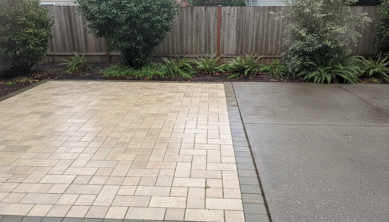 A finished paver patio with a contrasting border course meeting a plain poured-concrete pad in a Pacific Northwest backyard on an overcast day