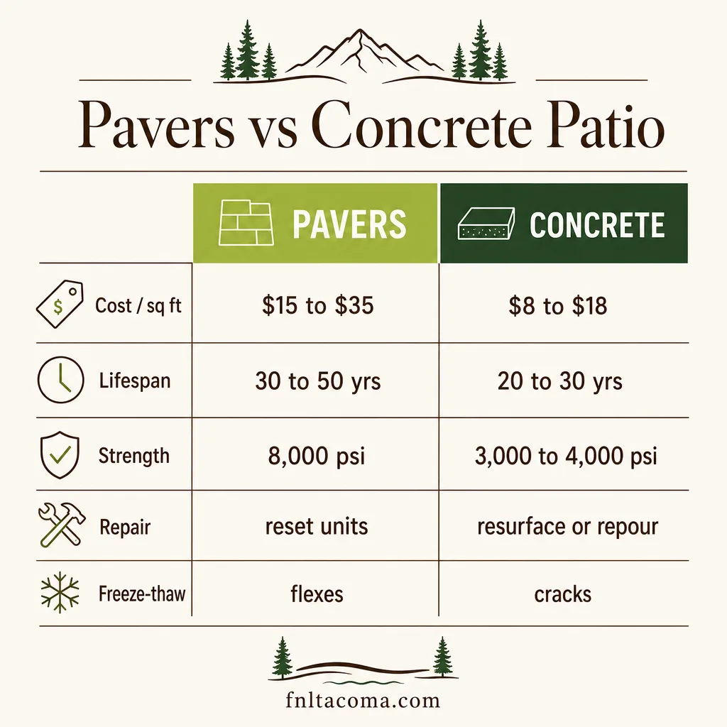Side-by-side comparison of pavers versus a concrete patio across cost per square foot, lifespan, compressive strength, repair method, and freeze-thaw performance