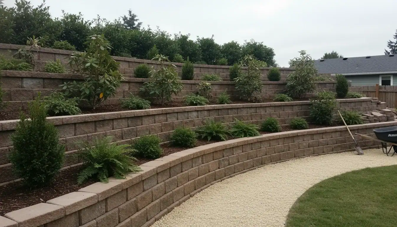 Terraced retaining wall in Tacoma backyard with natural stone construction, planted beds, and Pacific Northwest foliage, overcast natural light