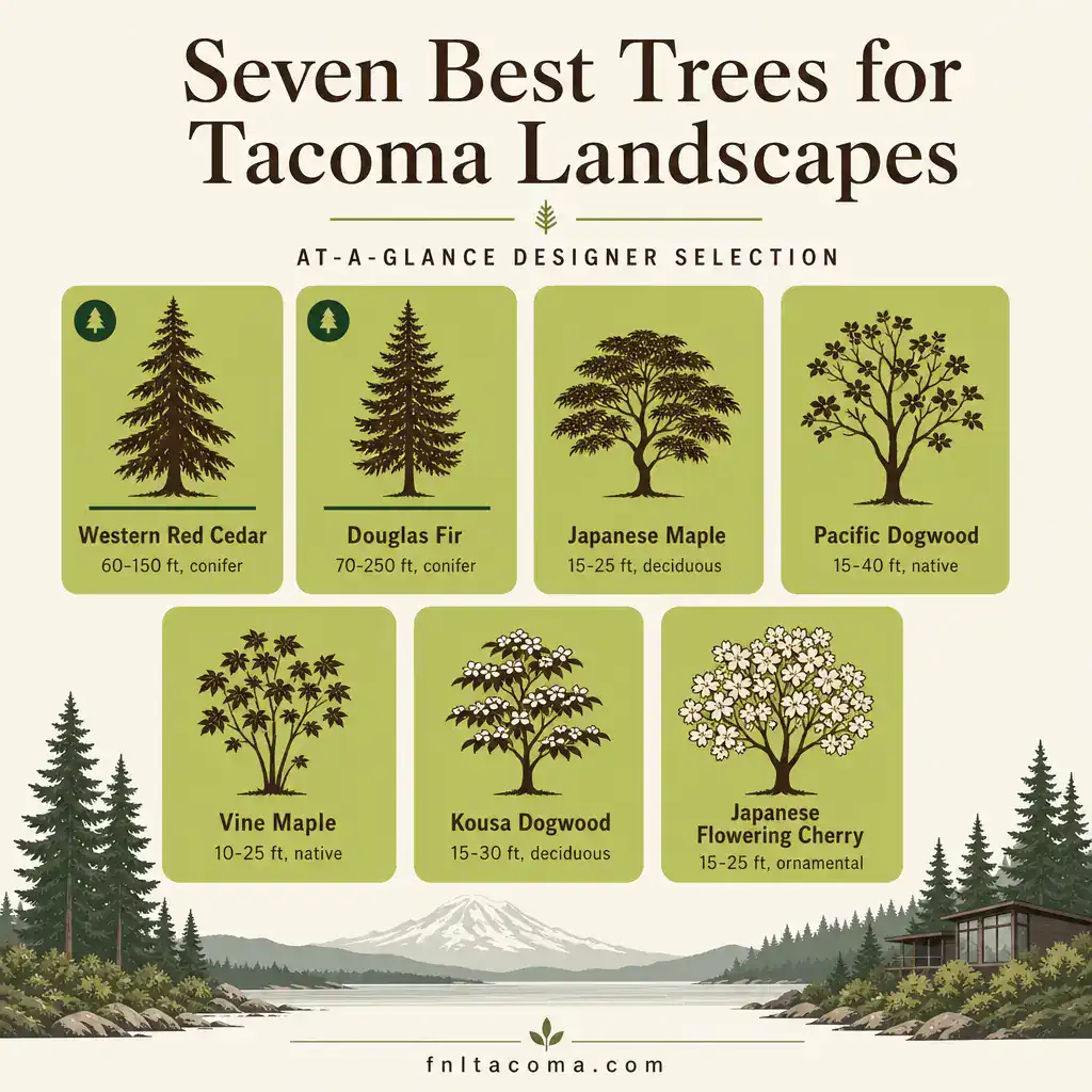 Comparison of seven best trees for Tacoma landscapes: Western Red Cedar, Douglas Fir, Japanese Maple, Pacific Dogwood, Vine Maple, Kousa Dogwood, and Japanese Flowering Cherry, with mature size and type for each