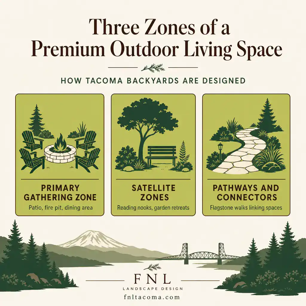 The three zones of a premium outdoor living space: Primary Gathering Zone with patio and fire pit, Satellite Zones for reading nooks and retreats, and Pathways and Connectors linking spaces
