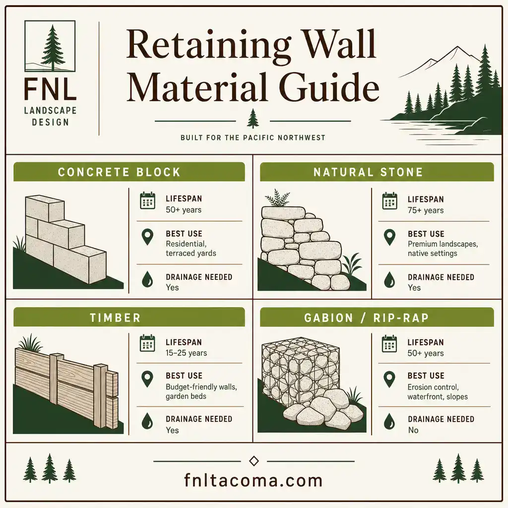 Guide to retaining wall materials for Tacoma: concrete block, natural stone, timber, and gabion options with lifespan and drainage requirements